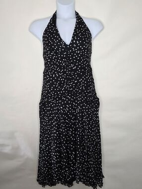 SILK Polka Dot Halter Dress Size 14 Babydoll Open Back Y2K Elegant Designer Chic